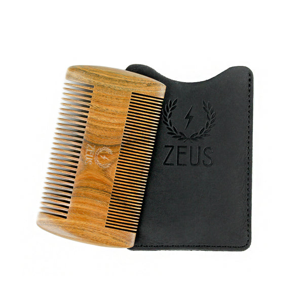 Zeus Sandalwood Double-Sided Beard Comb with Leather Sheath - R31