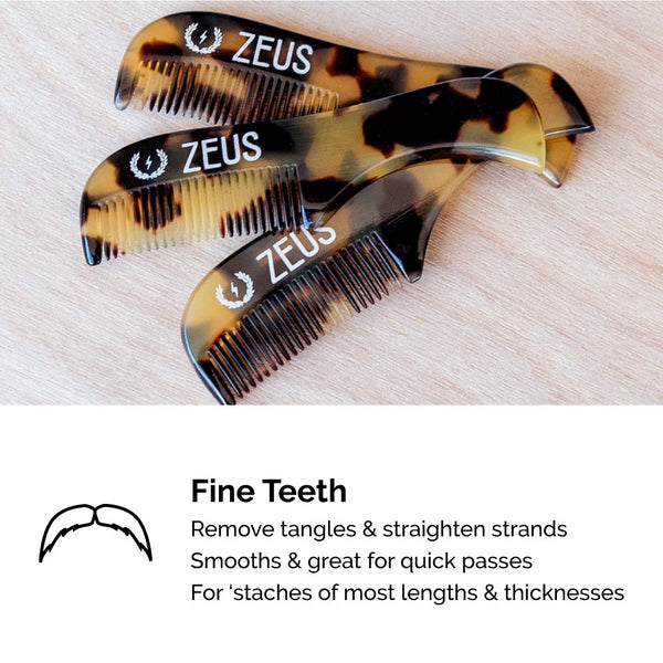 Zeus Handmade Saw-Cut Mustache Comb, Tortoiseshell - B12